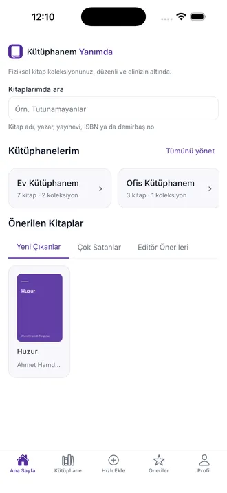 Ana sayfa: üstte arama kutusu, altında "Ev Kütüphanem" (7 kitap, 2 koleksiyon) ve "Ofis Kütüphanem" (3 kitap, 1 koleksiyon) kartları, ardından sekmeli bir önerilen kitaplar bölümü ve tek bir kitap kapağı; en altta beş öğeli bir gezinme çubuğu.