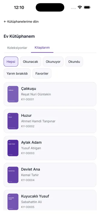 Bir kütüphanenin kitap listesi ekranı: üstte iki sekme, altında okuma durumuna göre filtre düğmeleri (ör. okunacak, okunuyor, okundu), ardından her biri kapak görseli, başlık, yazar adı ve bir kayıt numarası taşıyan art arda kitap kartları.